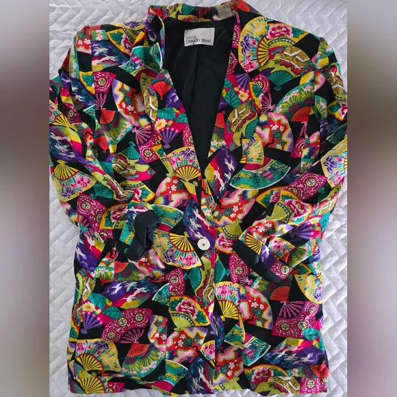 Vintage 100% Silk Dana Buchman Multicolor Fan Pattern Blazer - Picture 9 of 10